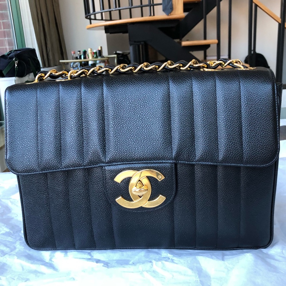 Vintage Caviar Jumbo Vertical Stripe Black GHW